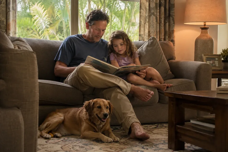 A father reading with his young daughter while their dog rests nearby