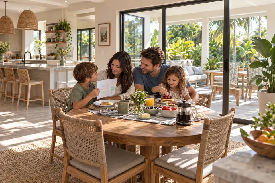 A child shares a drawing with his parents while his younger sister enjoys breakfast at home