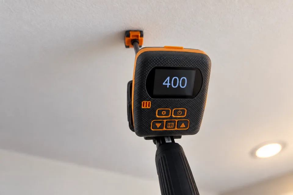 Foto anonimizada com IA de uma medição de umidade no teto, preservando o número 400 no visor do instrumento