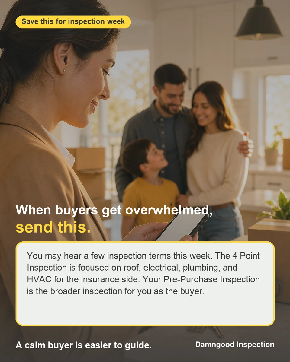 A buyer handoff script explaining the difference between four-point and pre-purchase inspections
