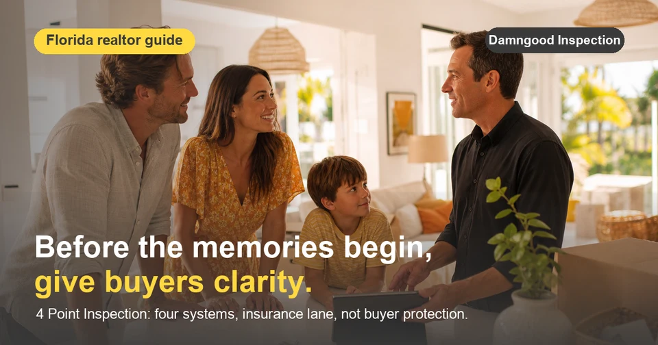 A family speaking with an inspector, with an explanation of four-point and pre-purchase inspections