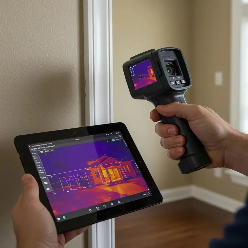 Illustrative view of a thermal camera and tablet displaying thermal images
