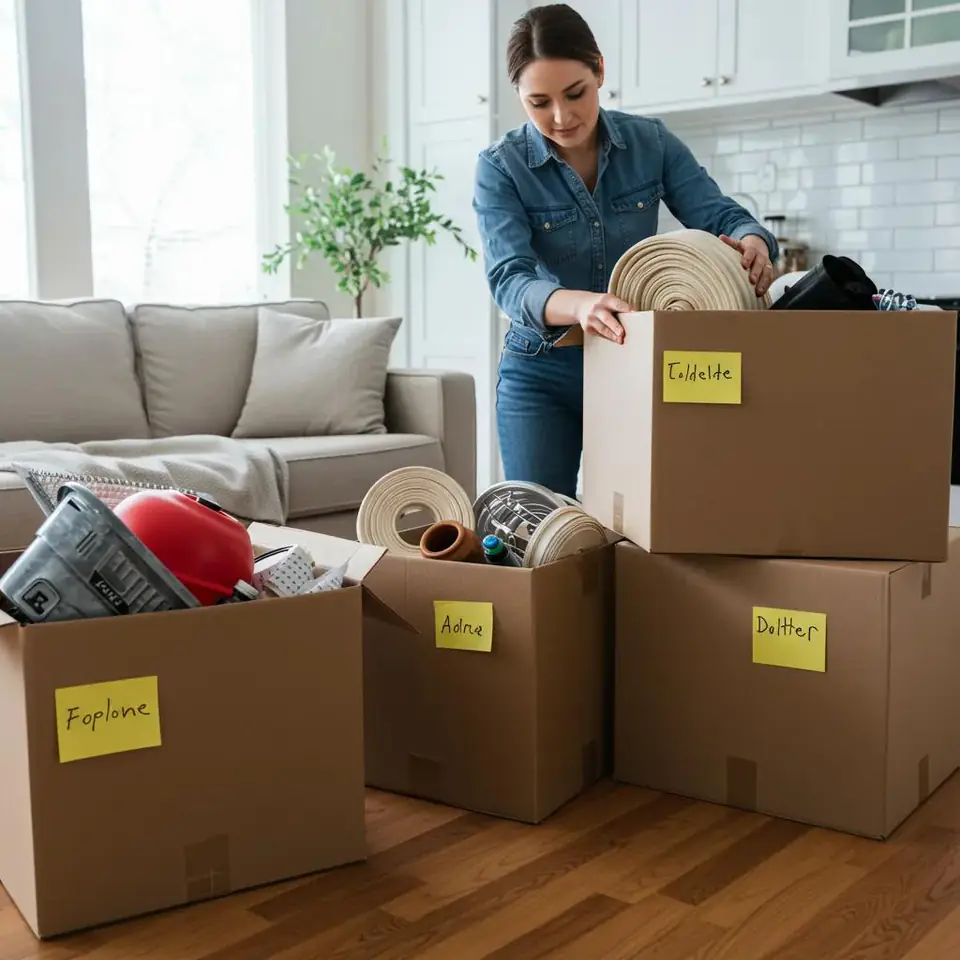 Illustrative scene: a homeowner organizing belongings before a visit