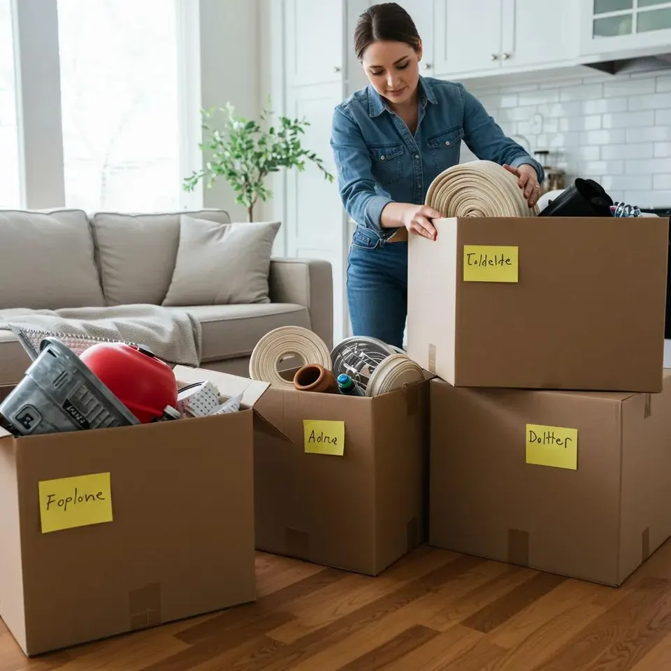 Illustrative scene: a homeowner organizing belongings before a visit