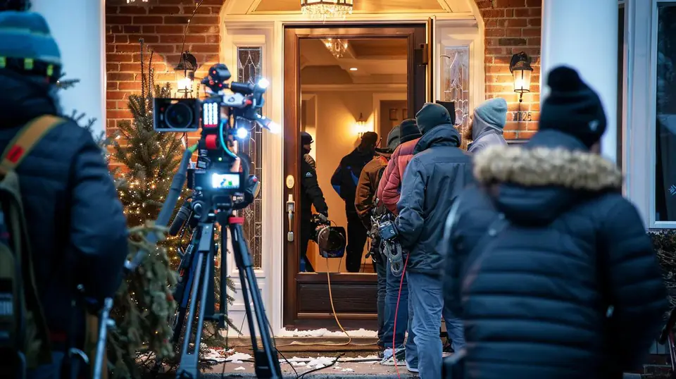 Illustrative scene of a television production crew at a house