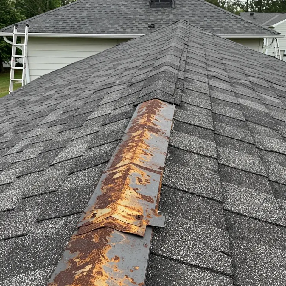 Illustrative view of worn shingles and roof flashing