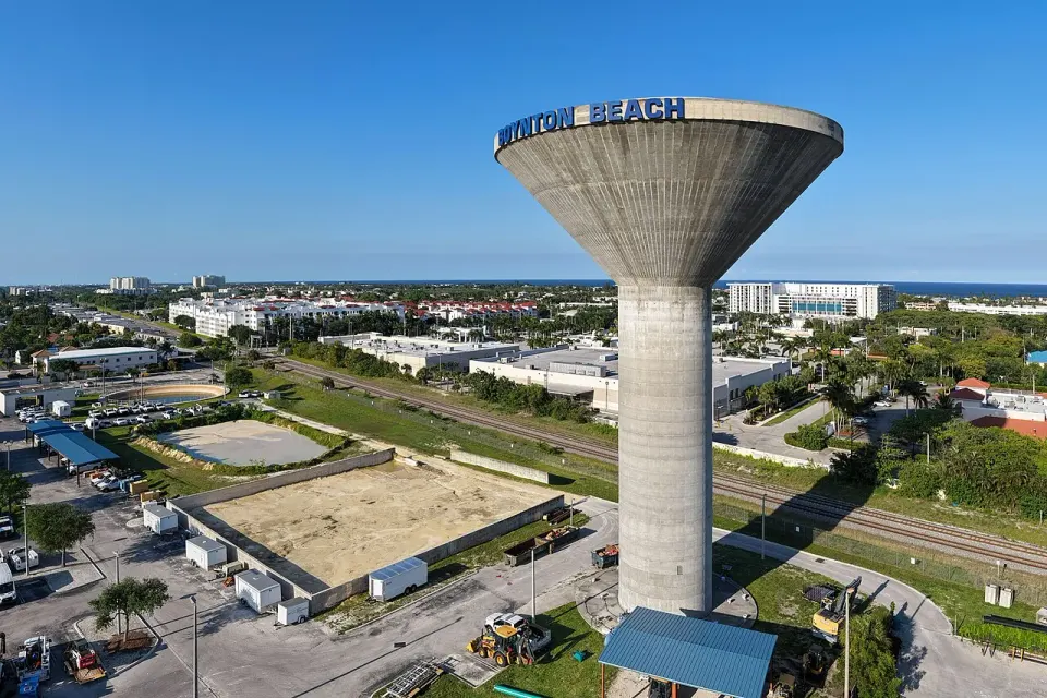 The Boynton Beach water tower at the East Water Treatment Plant (April 2026).