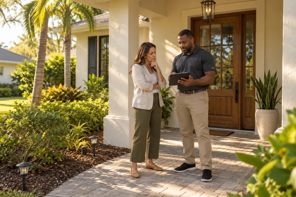 Illustrative Florida home scene of a real estate professional and an inspector discussing findings on an iPad at the front porch
