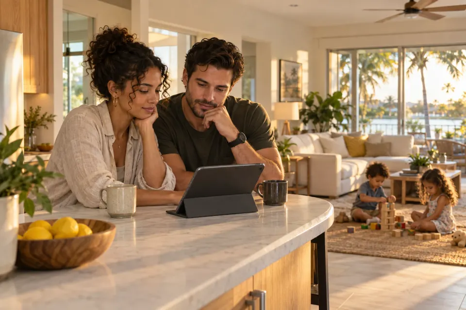 Illustrative scene of parents reviewing information together on a tablet while their children play at home