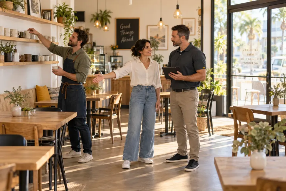 Illustrative scene: Cafe owners planning their space with an inspector holding an iPad