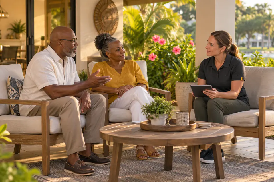 Illustrative scene: Homeowners discussing their property questions with an inspector holding an iPad on a shaded patio