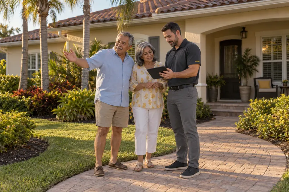 Illustrative scene: Homeowners reviewing an iPad with an inspector on the walkway of their established Florida home