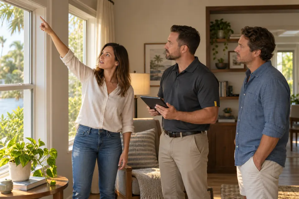 Illustrative scene: Homeowners discussing a concern beside a living-room window with an inspector holding an iPad