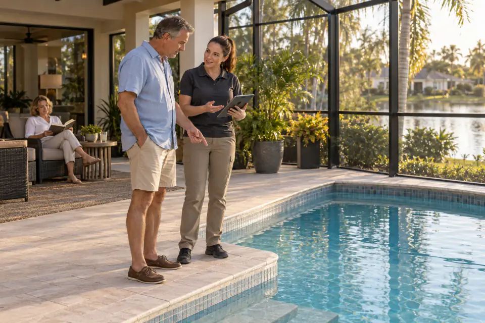 Illustrative scene: A homeowner discussing pool water-level concerns with an inspector holding an iPad on the dry deck