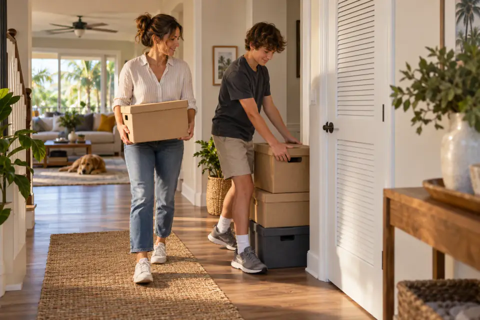 Illustrative scene of homeowners arranging boxes near a hallway to prepare access for an inspection