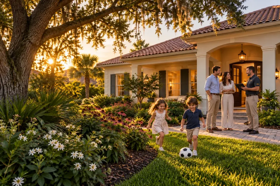 Illustrative scene: Parents talking with an inspector holding an iPad while their children play on the lawn of a Florida home