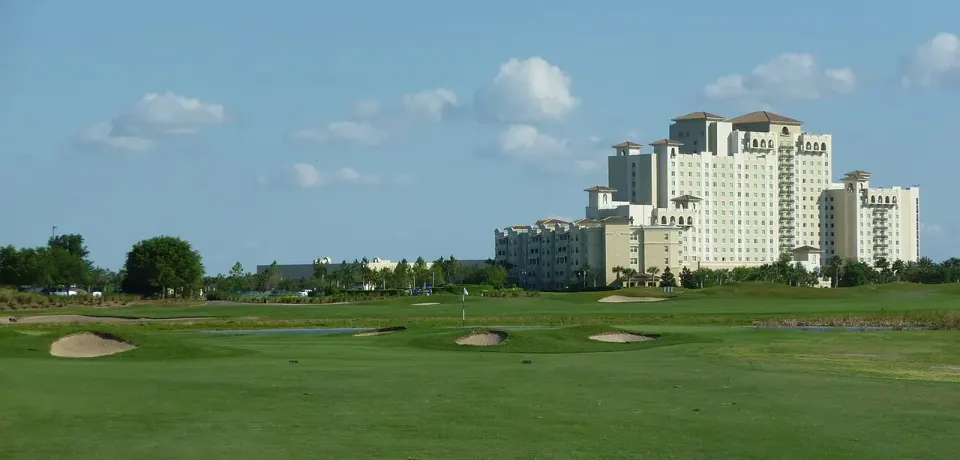The 18th hole of the International golf course and Omni Orlando Resort at ChampionsGate (2012).
