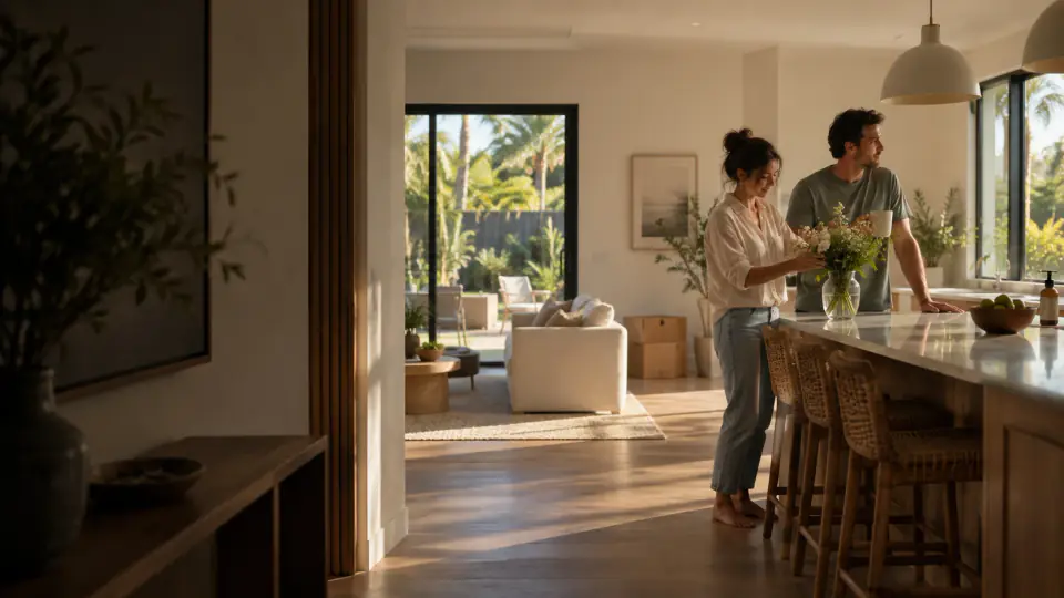 Illustrative scene of a couple in the kitchen of a newly completed Florida home