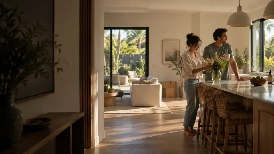 Illustrative scene of a couple picturing life in their new Florida home