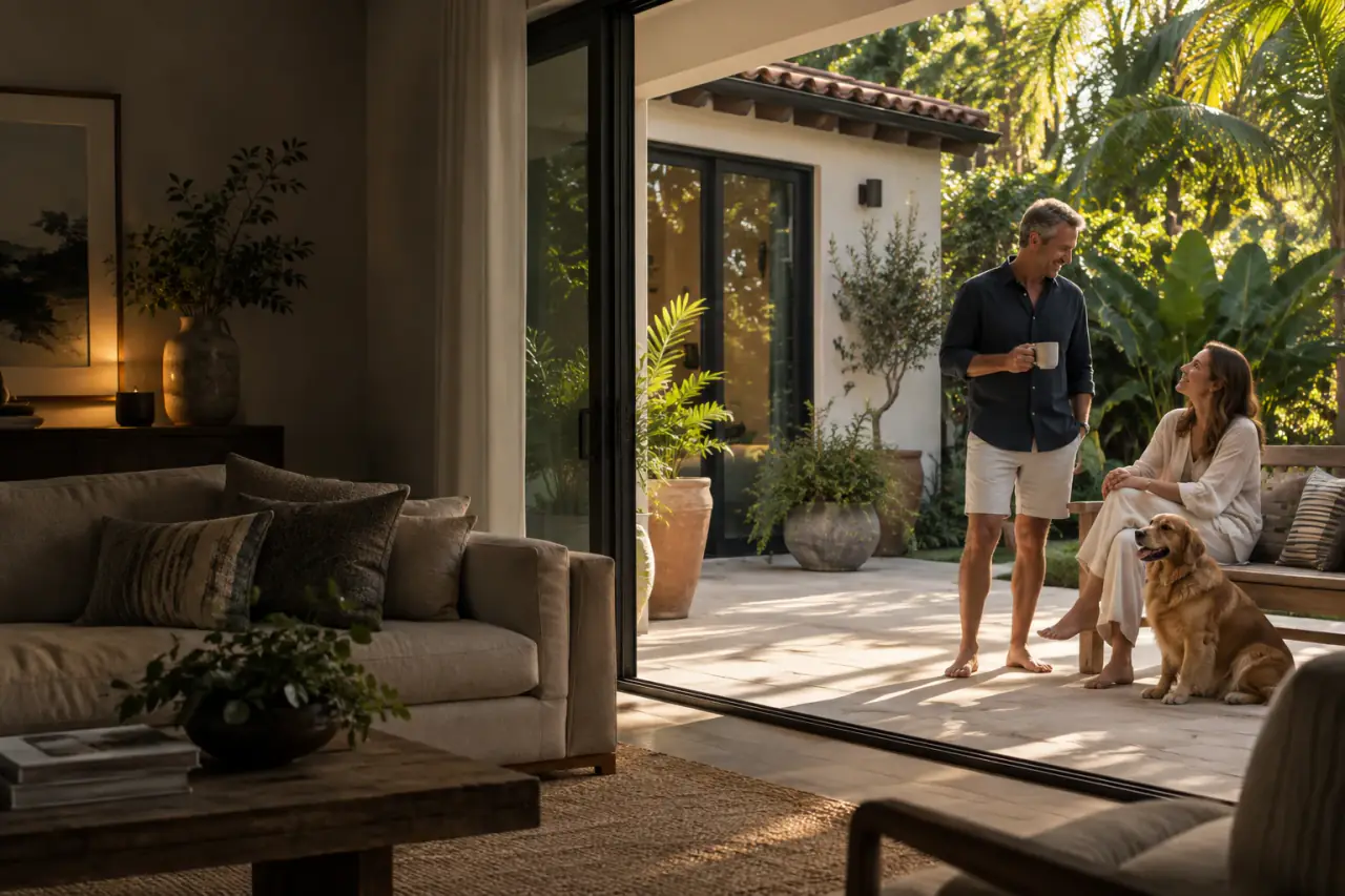 Illustrative Florida home scene of a couple enjoying their patio with their dog