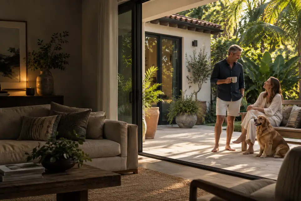 Illustrative Florida home scene: a couple and their dog enjoying a quiet afternoon on a shaded terrace