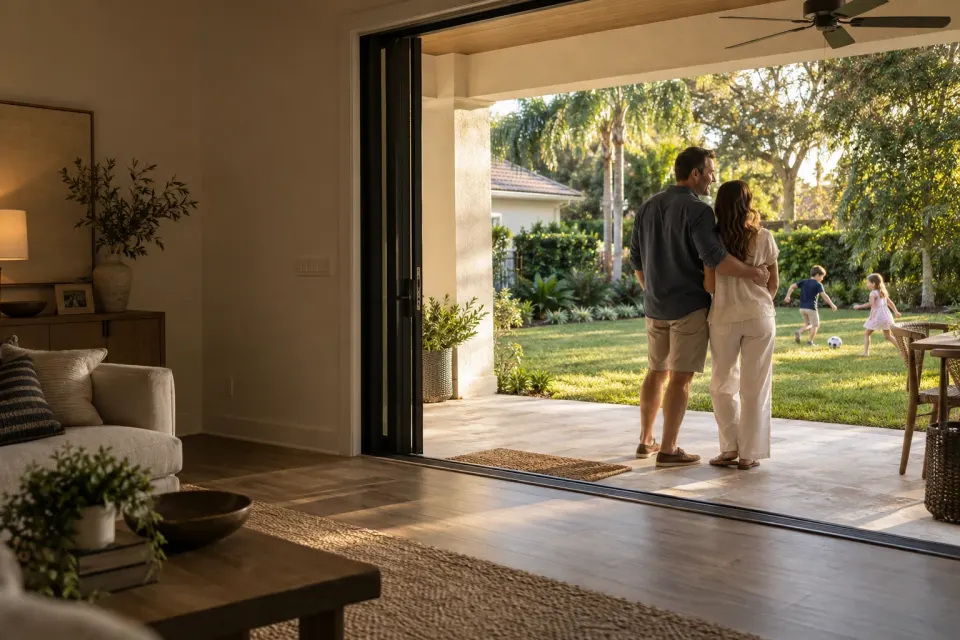 Illustrative Florida home scene of parents watching their children play in the garden