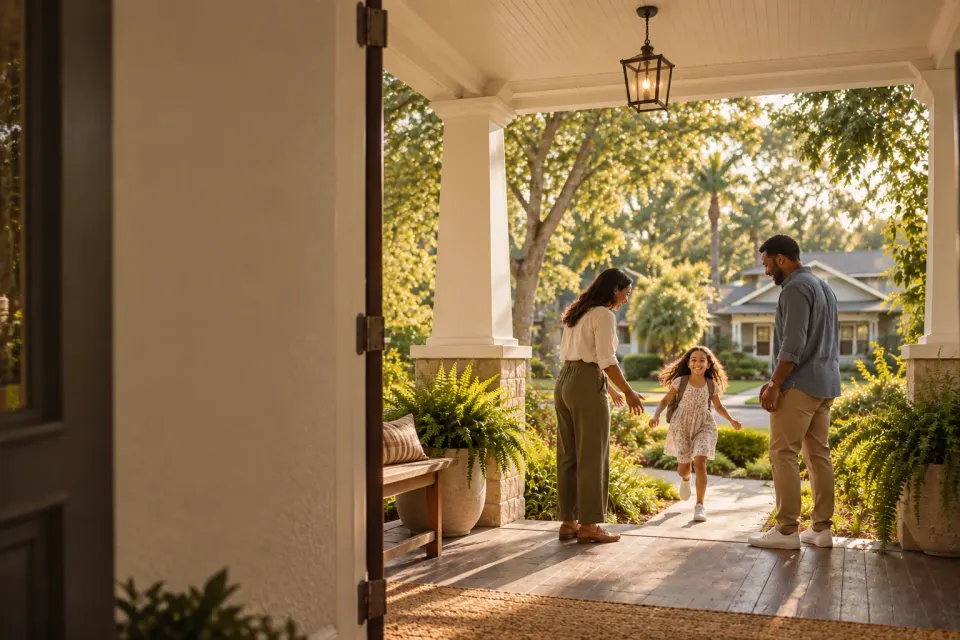 Illustrative Florida neighborhood scene of parents welcoming their daughter onto the front porch