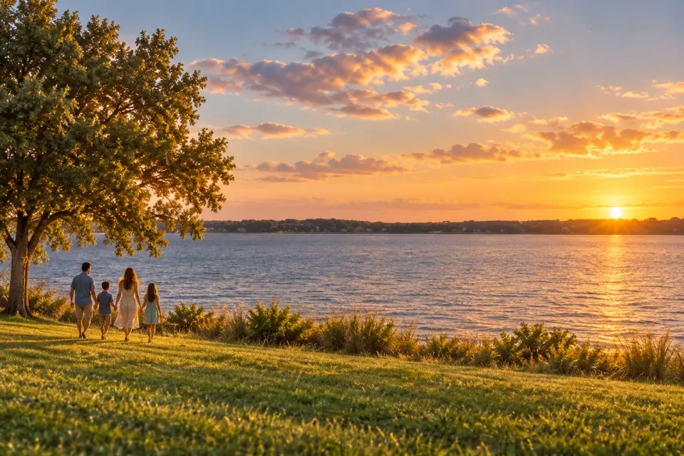 Illustrative interpretation of Lake Minneola in Clermont at sunset, with a family beside the water