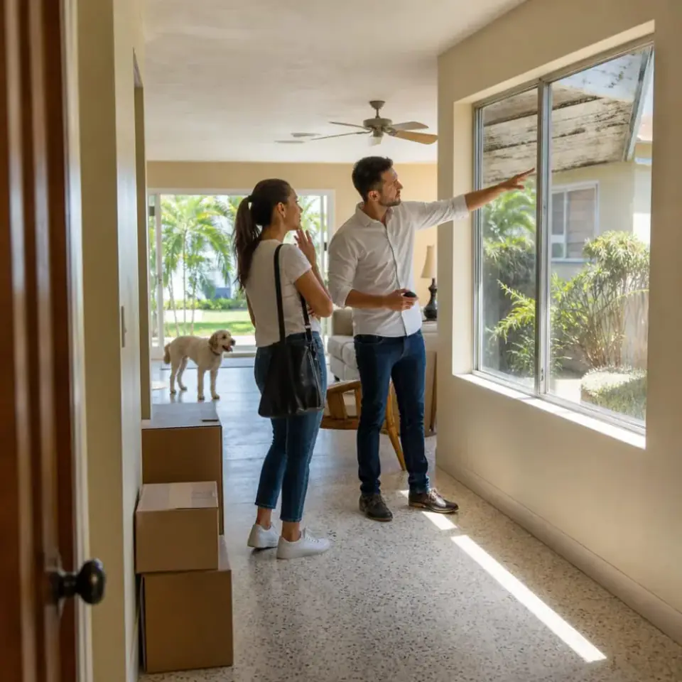 Illustrative scene of two people discussing an older Florida home during a walkthrough