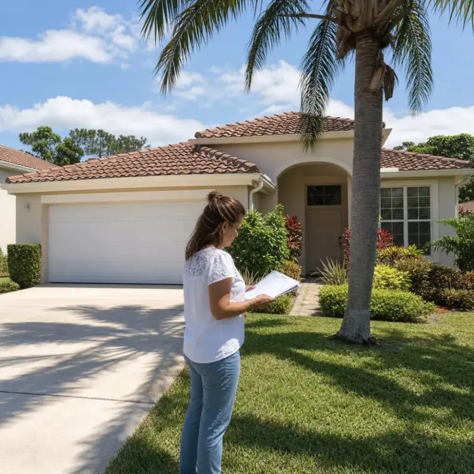 Illustrative scene of a homeowner reviewing documents outside a Florida home