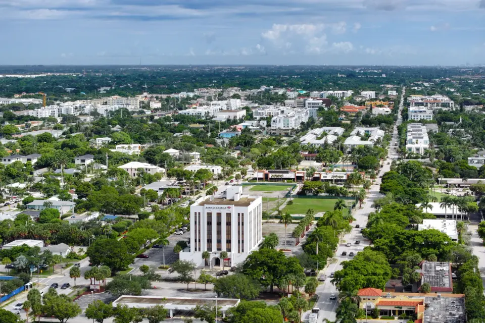 An aerial view of downtown Delray Beach, Florida, looking north along Federal Highway (2025).