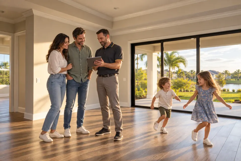 Illustrative scene: parents reviewing an iPad with a home inspector while their children play in a newly finished living room