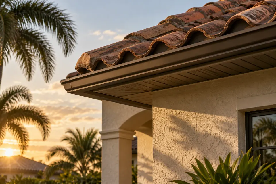 Illustrative view: Tile roof edge, soffit and stucco wall of a Florida home