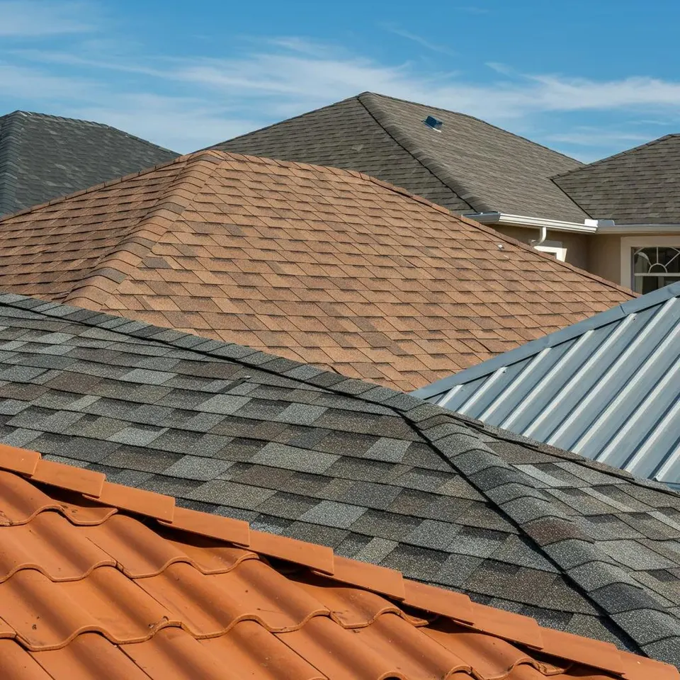 Illustrative view of shingle, tile and metal roofs