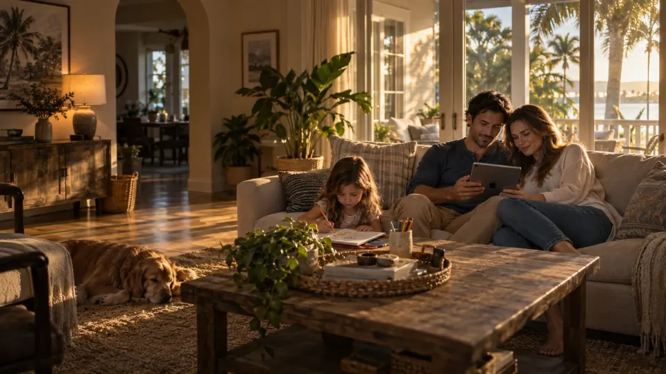Illustrative scene of parents reading together on an iPad while their child draws in a sunlit Florida home.