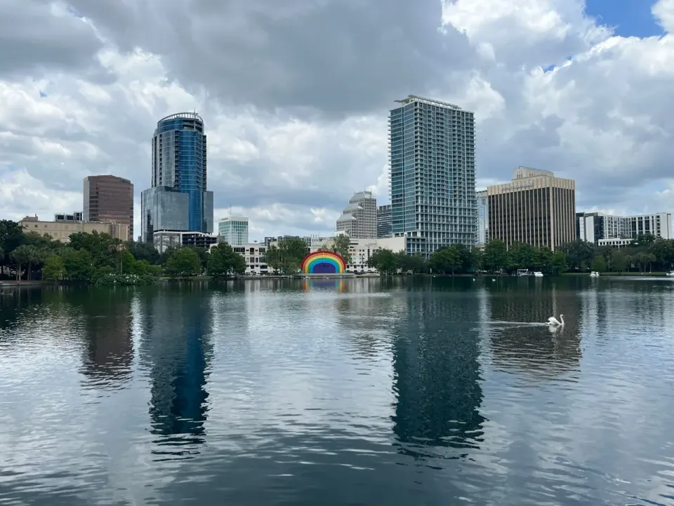 Lake Eola and the Orlando skyline, photographed in May 2023.