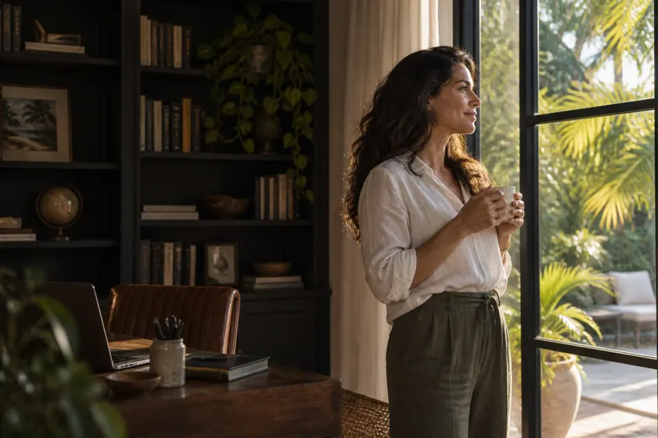Illustrative scene of a homeowner taking a quiet break beside a home-office window