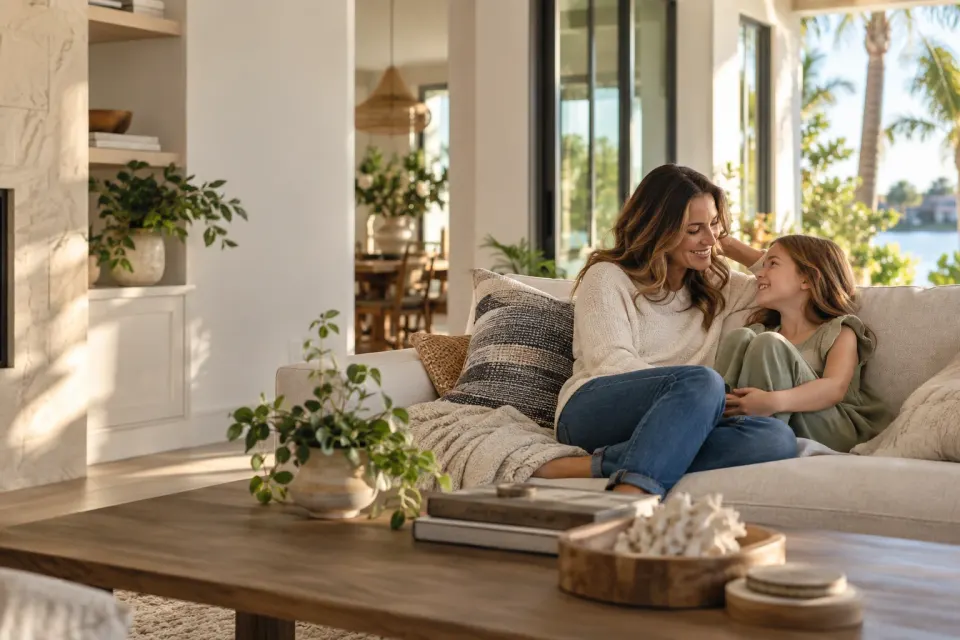 Illustrative scene of a parent and child enjoying a comfortable bright living room