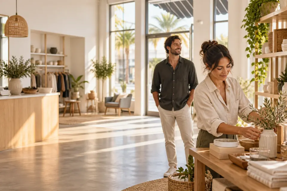 Illustrative scene of small-business owners preparing a bright Florida storefront