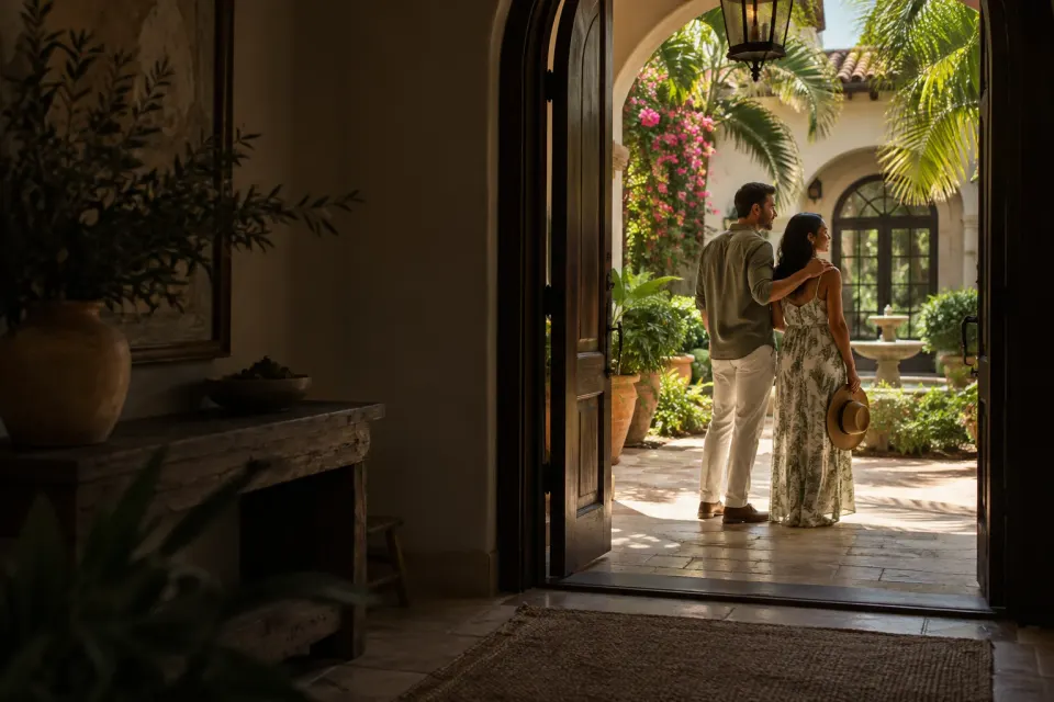 Illustrative scene of a couple looking from their entrance hall into a sunny courtyard