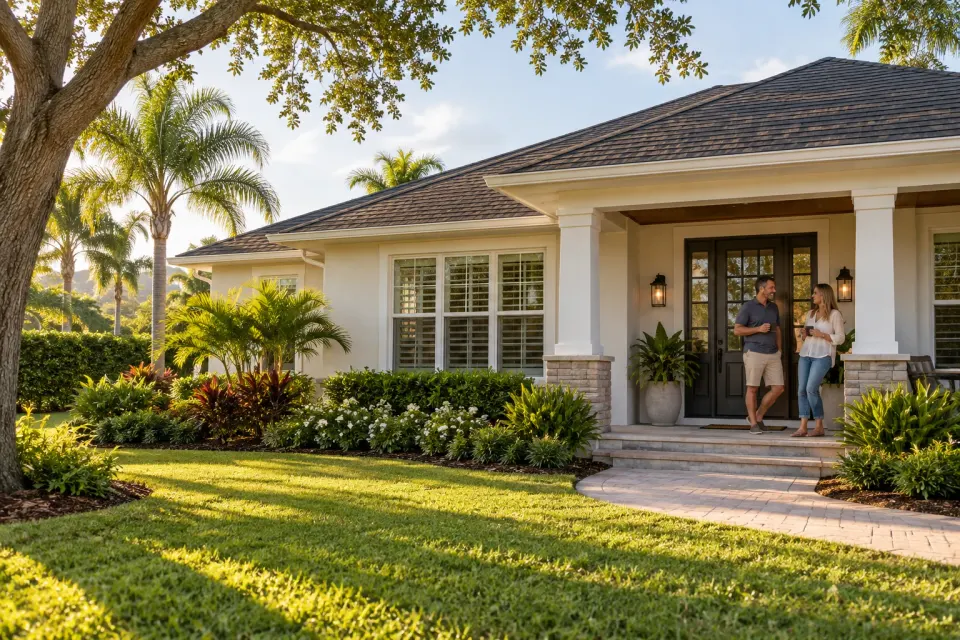 Illustrative scene of homeowners beside an established Florida home with its roof visible