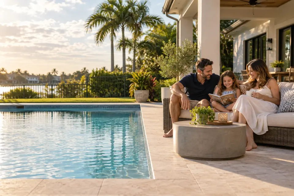 Illustrative scene of a family relaxing safely on the dry deck beside a Florida pool