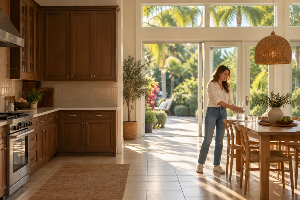 Illustrative scene of a homeowner setting a water carafe on a kitchen table