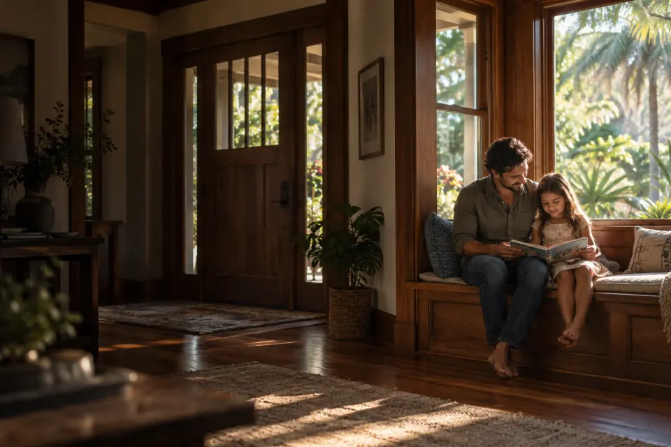 Illustrative scene of a father and daughter reading beside the timber windows and door of their home