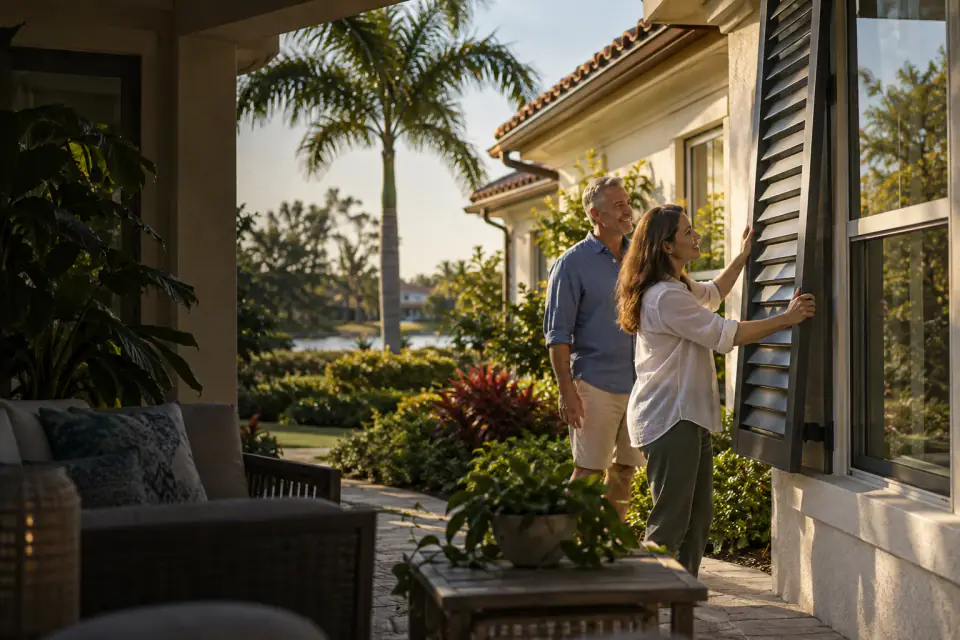 Illustrative scene of homeowners beside a shuttered window and tiled roof at a Florida home
