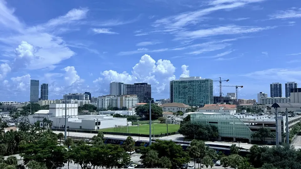 The West Palm Beach skyline viewed from the West Palm Beach Marriott (August 2026).