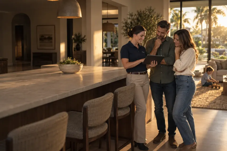 Illustrative scene of a home inspector explaining findings on an iPad to a couple in a warmly lit Florida home
